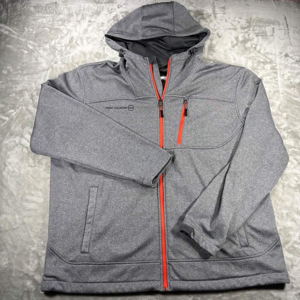 Free Country Mens Gray Softshell Hooded Jacket Orange Zip Fleece Lined XXL